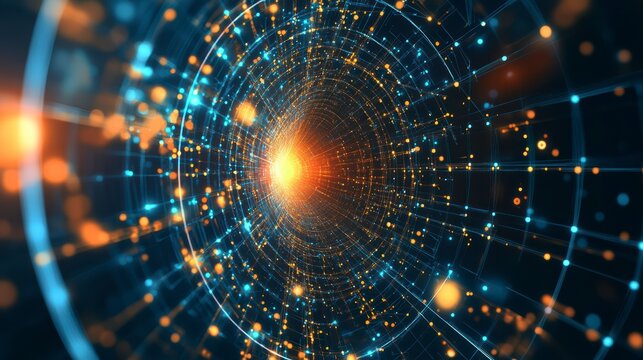 Digital Tunnel: A captivating image of a digital tunnel, an artistic view inside. A symphony of blue and gold, and illuminating a tunnel of connected information.