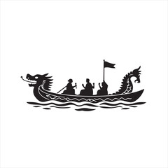 Vector illustration logo silhouette of Dragon Boat Festival in classic black and white.  Geometric shapes and clean lines create a timeless and elegant design on a white background, emphasizing visual