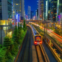 Obraz premium Night View of Urban Train Passing Through City Skyline with Lights