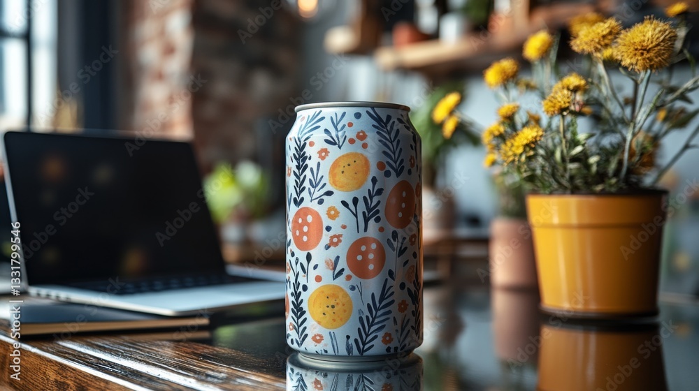 Poster a decorative beverage can rests on a glossy wooden table in a cozy cafe. nearby, a laptop and a pot 