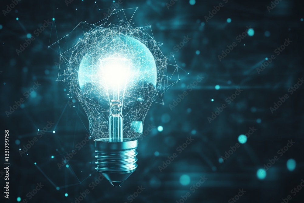 Poster bright ideas and technological innovation represented by a glowing light bulb on a digital backgroun