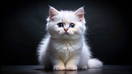 Adorable White British Kitten on Black Background - Cute Pet Photography, Fluffy Feline, Cat Lovers, Kittens, Playful Animals, Contrast, Domestic Cats, Whiskers, Pet Portraits, Studio Shot