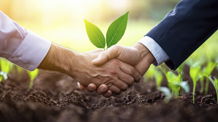 Handshake between farmer and business person symbolizing partnership in agriculture, with plant sprouting in background
