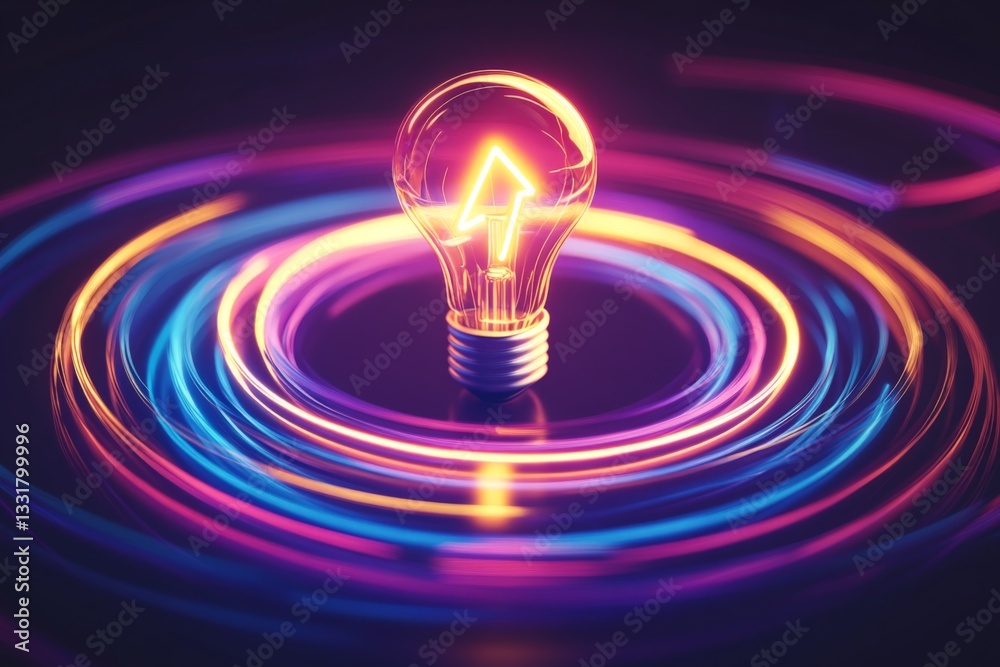 Poster colorful light bulb illuminated with neon patterns creating vibrant swirls in a dark background