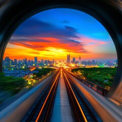 Fototapeta premium Vibrant Urban Sunset with Dramatic Sky and City Rooftops