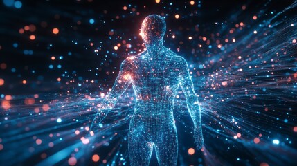 Digital Human in Cyber Space: A digital human form constructed from glowing data streams, standing against a backdrop of complex cyber space, capturing the essence of connection.