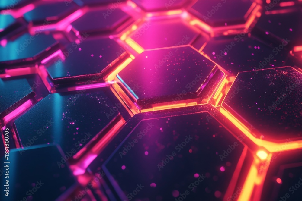 Poster Colorful hexagonal patterns with glowing neon lights in a futuristic setting
