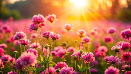 Fototapeta premium Aerial View Pink Flowers Sunlit Meadow, Blooming Flowers Drone Photography, Spring Blossom Aerial Shot