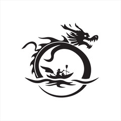Vector silhouette logo Dragon Boat Festival in geometric shapes and clean lines on white background. Intense jet black creates deep shadows and pure black. Balance, symmetry, and visual clarity