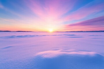 A serene winter landscape at sunrise, showcasing soft pink and blue hues reflecting off the snow-covered ground.
