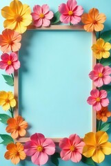 Fototapeta premium Vibrant Paper Flowers Encircling a Wooden Frame on a Light Blue Background