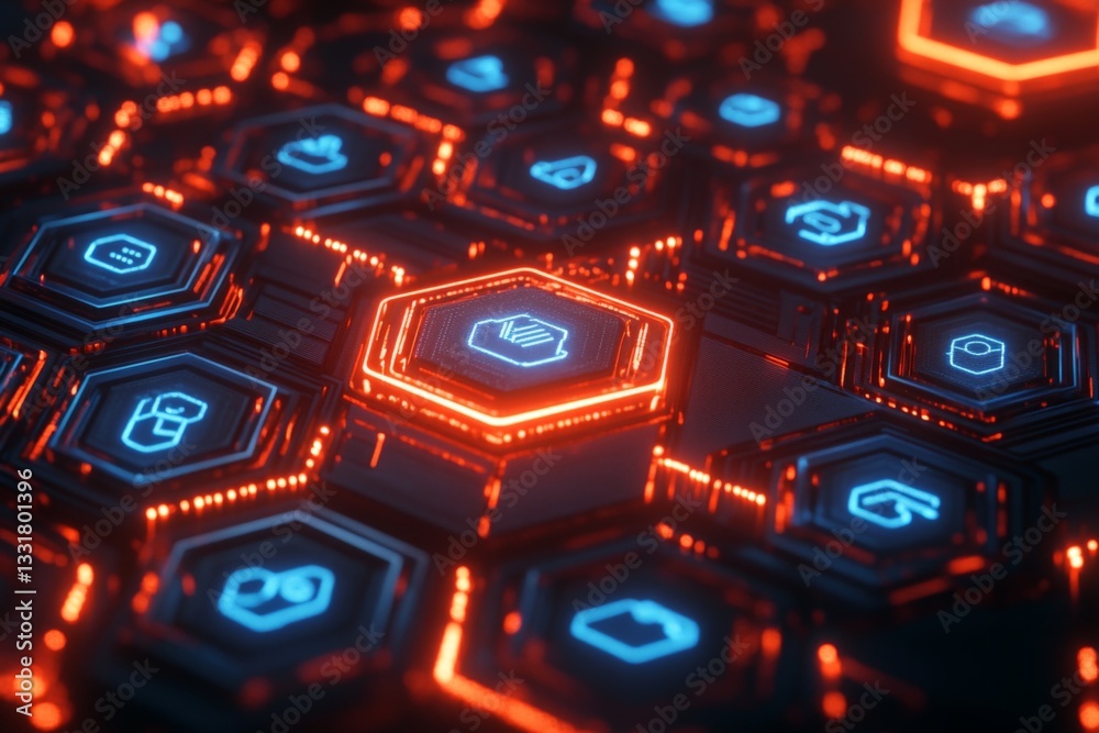 Poster Futuristic interface with glowing hexagonal icons and vibrant colors in a digital space environment
