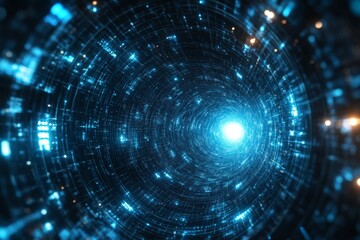 Fototapeta premium Swirling blue vortex of light and energy in a digital space representing movement through a cosmic tunnel