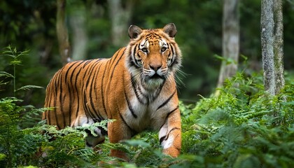 Fototapeta premium A magnificent Bengal tiger, an endangered species, stealthily prowls through the dense jungle of its natural habitat, its striped coat blending seamlessly with the shadows.