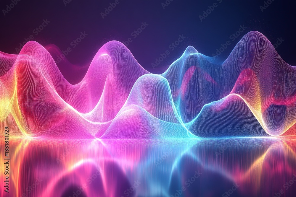 Poster Vibrant waves of light create an abstract visual display in a dark setting with reflections on the surface