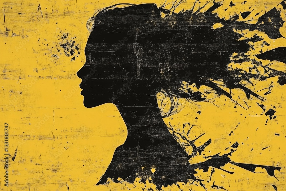 Poster silhouette of a woman's profile with abstract splashes on a bright yellow background