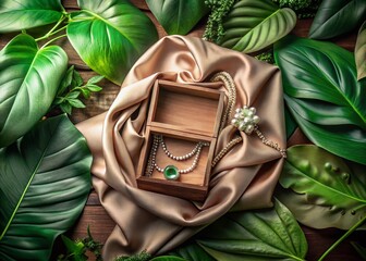Sepia Vintage Jewelry Box Flat Lay: Modern Futuristic Green Leaf Design