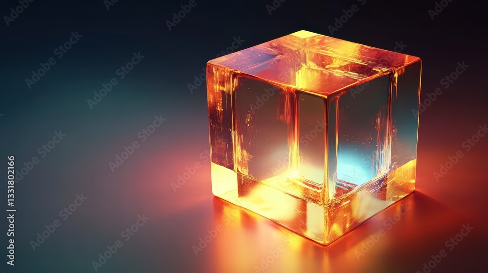 Poster glowing cube: a luminous transparent cube with an internal glow. the interplay of light and form, a 