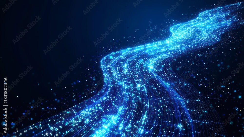 Poster digital river: an abstract representation of a digital river flows across a dark background. the flo