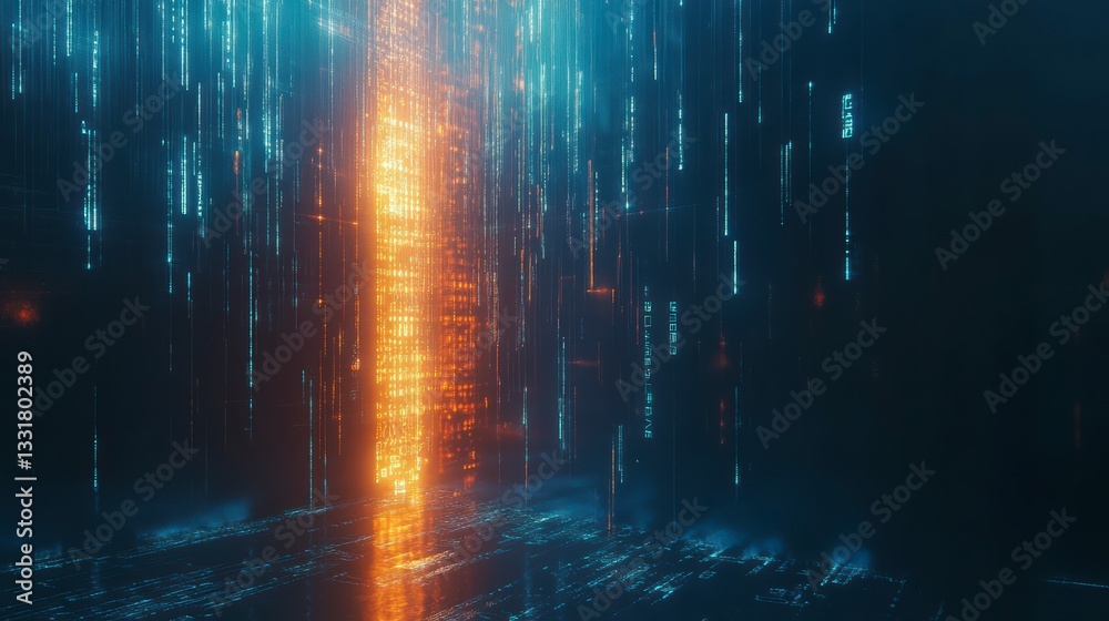 Poster digital code cascade: captivating digital code streams descend in an immersive visual narrative, hin