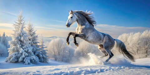 Fototapeta premium Aerial View of a Majestic Grey Horse Rearing in a Snowy Winter Landscape, Capturing the Spirit of Nature and Equine Beauty