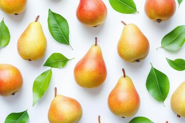 Fresh pears arranged with green leaves on white. Ideal for food blogs, healthy eating, and autumn themes.