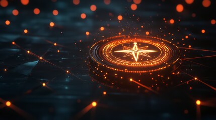 Navigating the Digital Frontier: An abstract, high-tech compass glows amidst a network of interconnected data streams, embodying guidance and exploration in a futuristic digital landscape. 