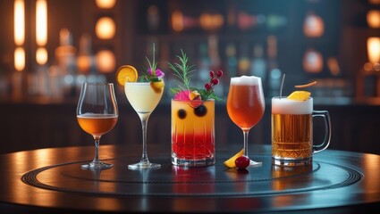 Assortment of Colorful Cocktails and Beer on Dark Wooden Table in Dimly Lit Bar Setting
