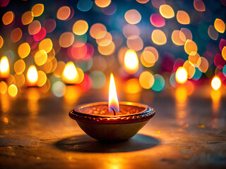Happy diwali diya lamp lit dark bokeh light. Burning diwali diya with bokeh background.