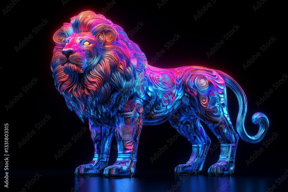 Aufkleber Vividly lit colorful lion sculpture showcasing intricate patterns and textures in a dark environment