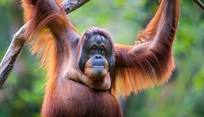 Naklejka premium A magnificent Bornean orangutan with its distinctive reddish-brown fur hangs gracefully from a tree branch in the dense rainforest, a symbol of wild beauty.