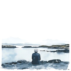 Contemplation by the Sea A Serene Watercolor Painting of Solitude.