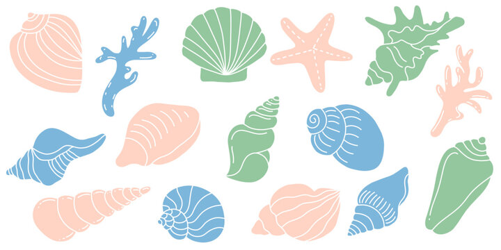 Set of hand drawn sea shells, coral illustration, line drawing sea collection, doodle style. Cute underwater creatures, vector line, pastel colors