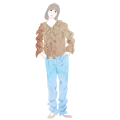 フリルのブラウス　女性　全身　水彩　ベクター