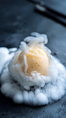 Fototapeta premium Close-up of a vanilla ice cream scoop emitting artistic wisps of vapor on a textured dark surface creating a dramatic contrast and visually intriguing composition.
