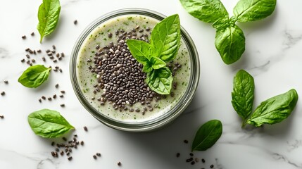 Creamy Green Basil Smoothie with Chia Seeds, Overhead Shot