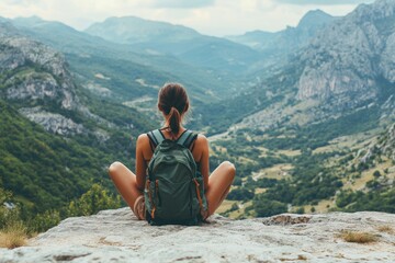 Naklejka premium Hiker takes in breathtaking mountain views while seated on a rocky ledge in a serene landscape