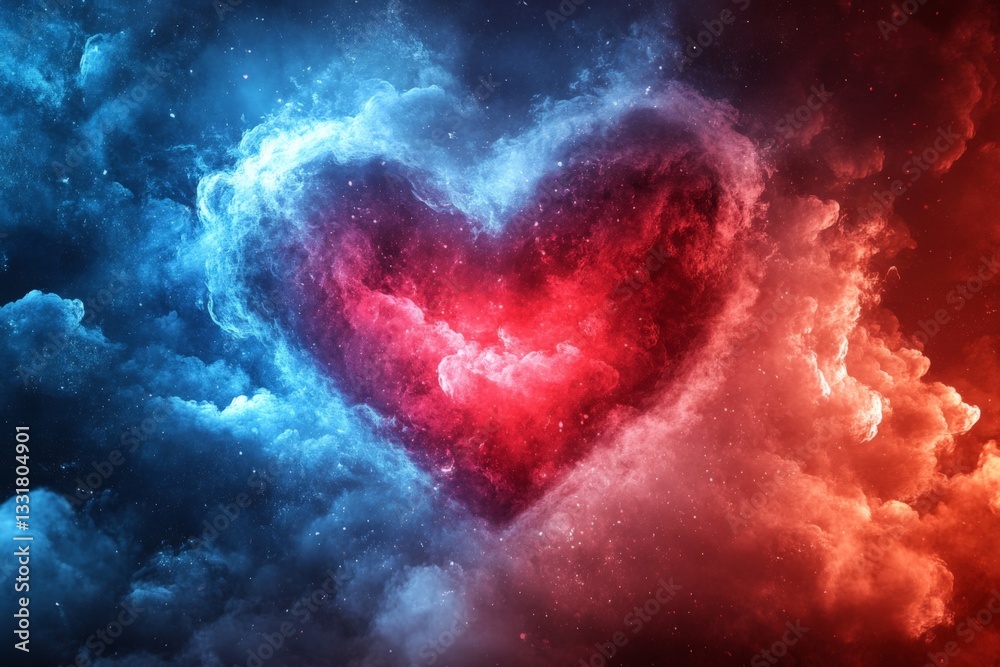 Aufkleber colorful heart shape formed by swirling blue and red clouds with a starry background creating a vivi