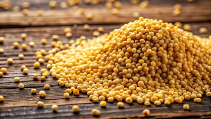 Close-Up of Spilled Millet Grain on Wooden Surface - High-Quality Food Photography of Dry Millet, Rustic Kitchen Setting, Healthy Grains, Natural Ingredients, Organic Food, Culinary Visuals