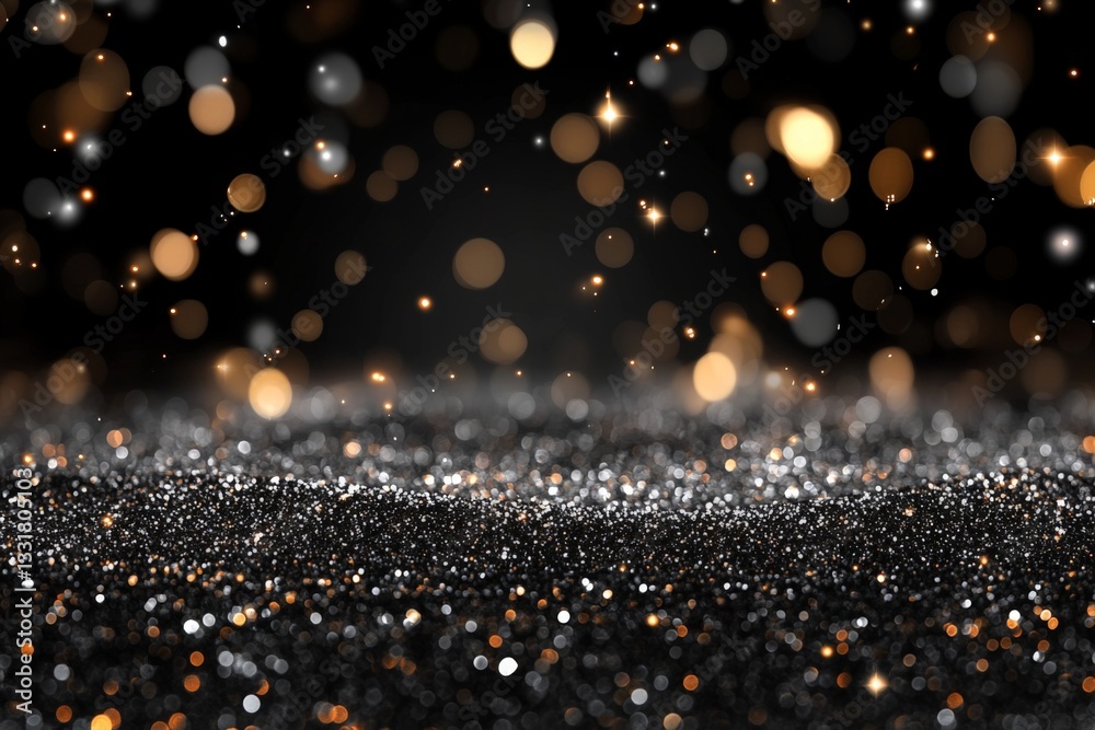Poster bright glimmers of golden and silver particles sparkling against a dark backdrop create a festive at