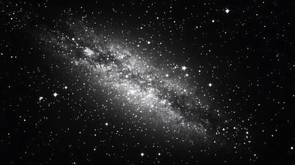 Black and white photograph of a vast star-filled night sky with a dense Milky Way galaxy band.