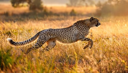 A majestic cheetah, with its long legs and sleek body, powerfully dashes through the taiga grasslands at dawn, a surreal blend of speed and an unusual habitat.

