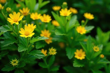 Bush with bright yellow flowers and dark green foliage, green, garden