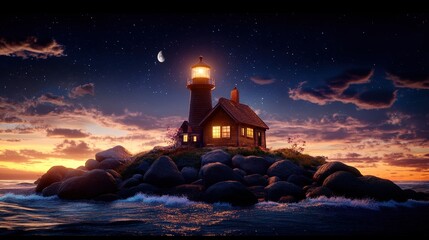 A serene lighthouse on a rocky island at sunset, illuminated against a twilight sky with stars and a glowing moon.