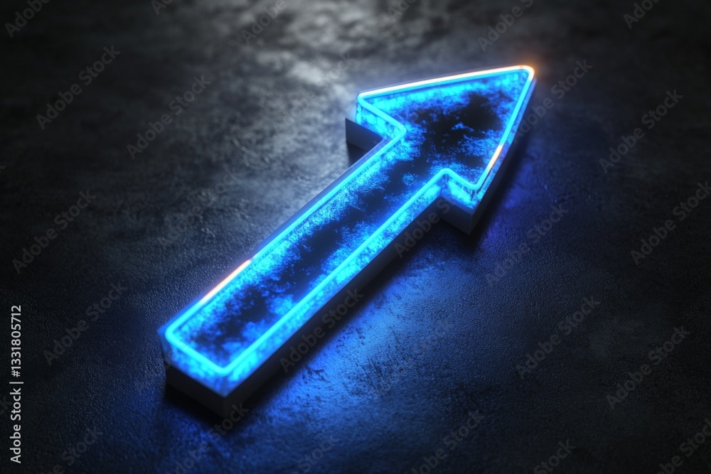 Poster stylish neon blue arrow illuminated against a dark textured surface highlighting direction and movem