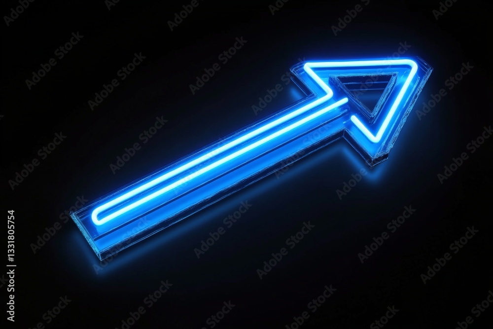 Poster bright blue neon arrow points right against a dark background, creating a striking visual contrast