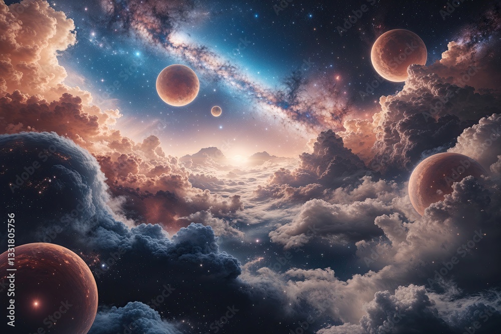 Wall mural mesmerizing cosmic landscape featuring celestial spheres and interstellar dust clouds