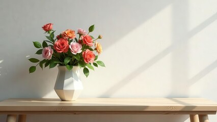 A serene arrangement of coral and pink roses in a simple white vase, elegantly placed on a light wood table against a sunlit wall.