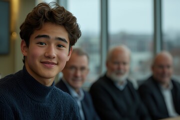 A young man sits confidently among blurred business colleagues in a high rise building, representing new leadership and diverse perspectives in a modern corporate environment.