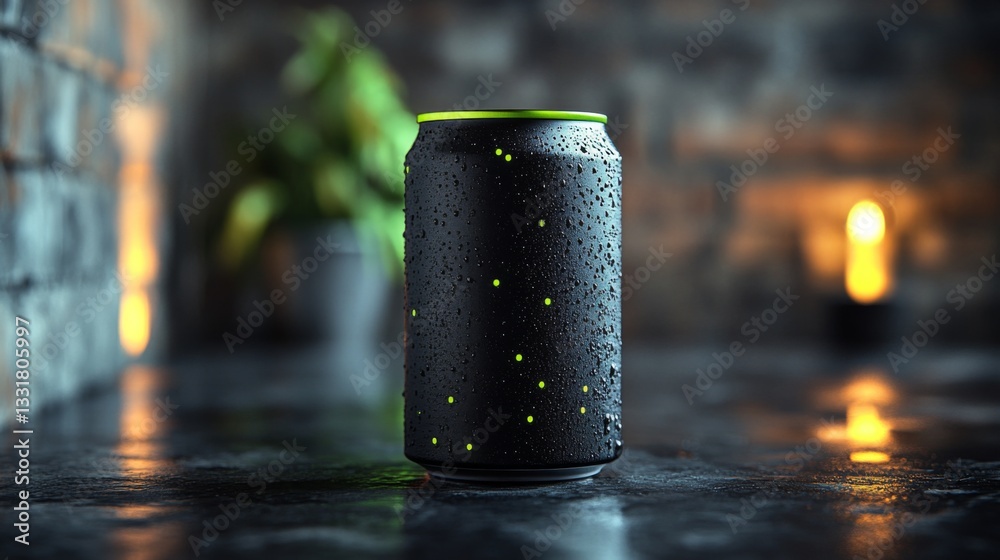 Poster A distinctive black can adorned with bright spots rests on a reflective surface. The background features warm, soft lighting and hints of greenery, creating a tranquil atmosphere.